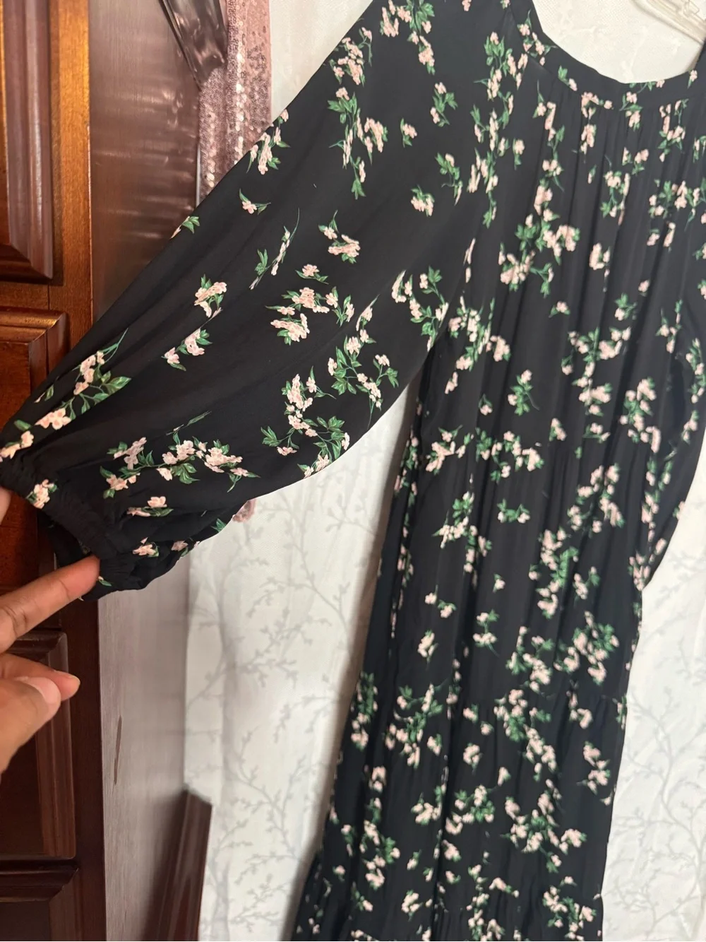 Old Navy Black Maxi Skirt with Pink Floral Print